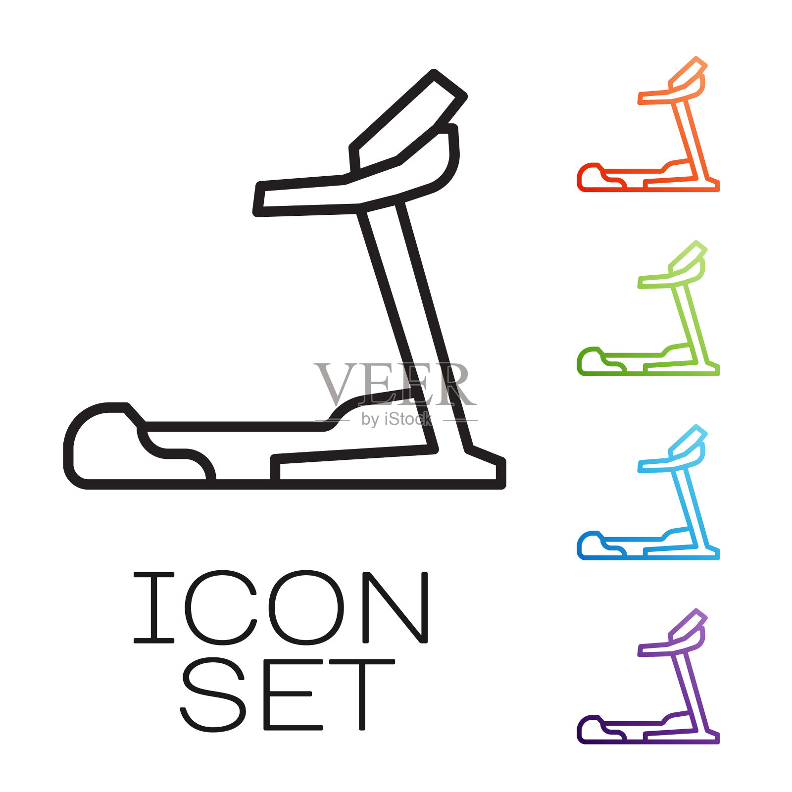 黑线跑步机图标孤立在白色背景。设置图标彩色。向量插画图片素材
