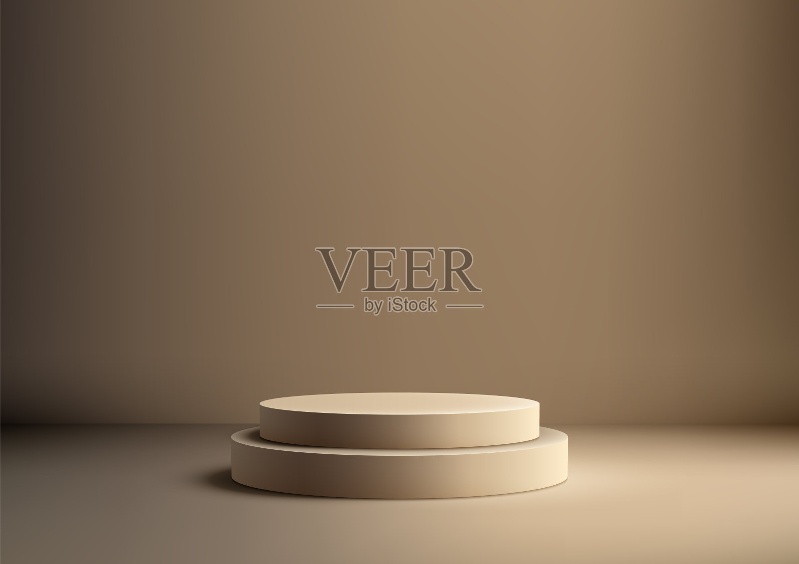 优雅的3D米色两层讲台对浅棕色墙壁温暖和柔和的照明现代产品展示，模型，和陈列室插画图片素材