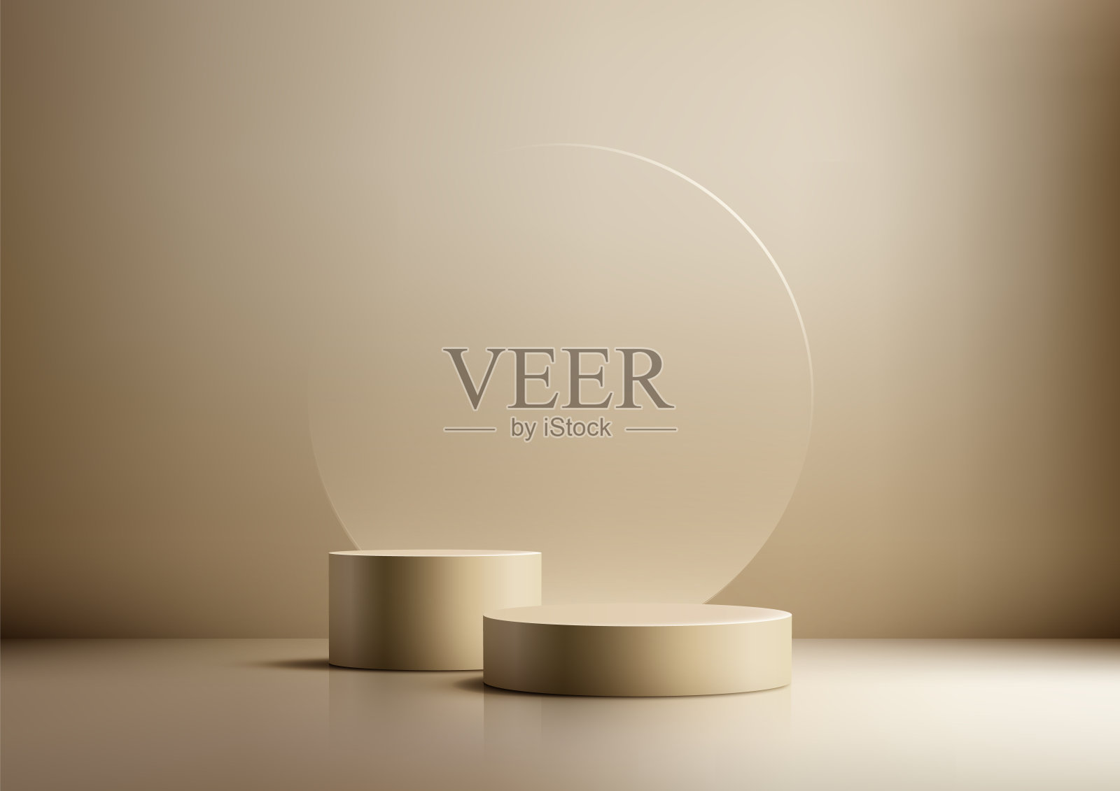 3D米色圆柱形讲台，反光表面，玻璃背景，中性墙，用于优雅的产品展示，模型和陈列室插画图片素材