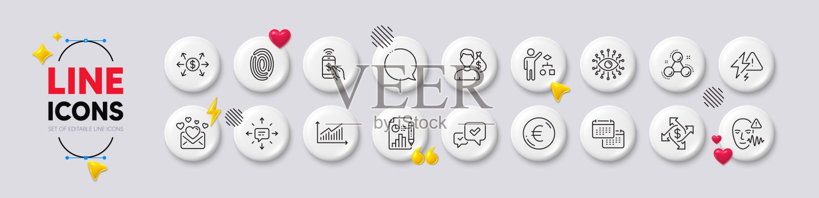 指纹，算法和欧元货币线图标。对于web应用程序，打印。白色按钮3d图标。向量插画图片素材