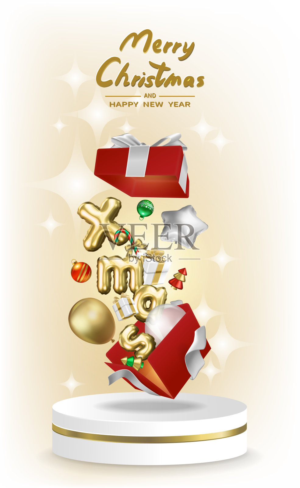 打开白色圆形展示架上的惊喜盒子，圣诞快乐，新年快乐插画图片素材
