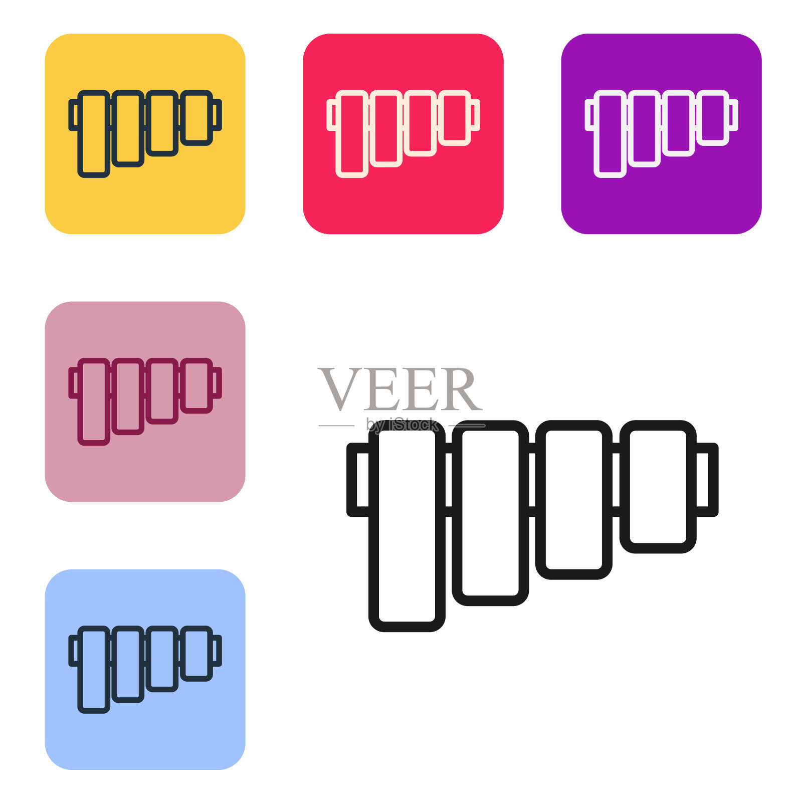 黑线排箫图标孤立在白色背景。传统的秘鲁乐器。来自秘鲁、玻利维亚和墨西哥的民间乐器。设置图标为彩色方形按钮。向量插画图片素材