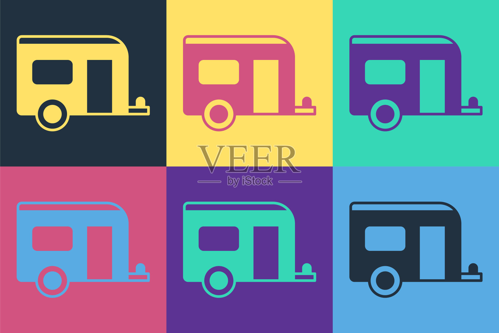 流行艺术房车露营拖车图标孤立的彩色背景。旅游房车，房车，家庭露营车。向量插画图片素材