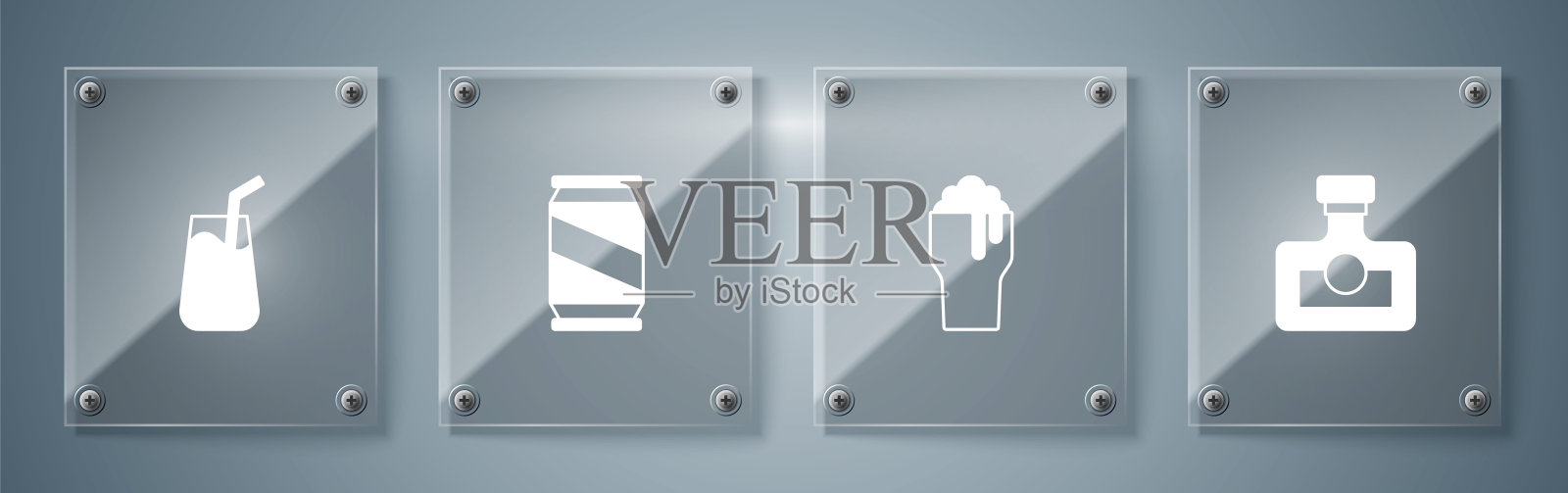 酒精饮料:朗姆酒、啤酒、啤酒罐和鸡尾酒。方形玻璃板。向量插画图片素材