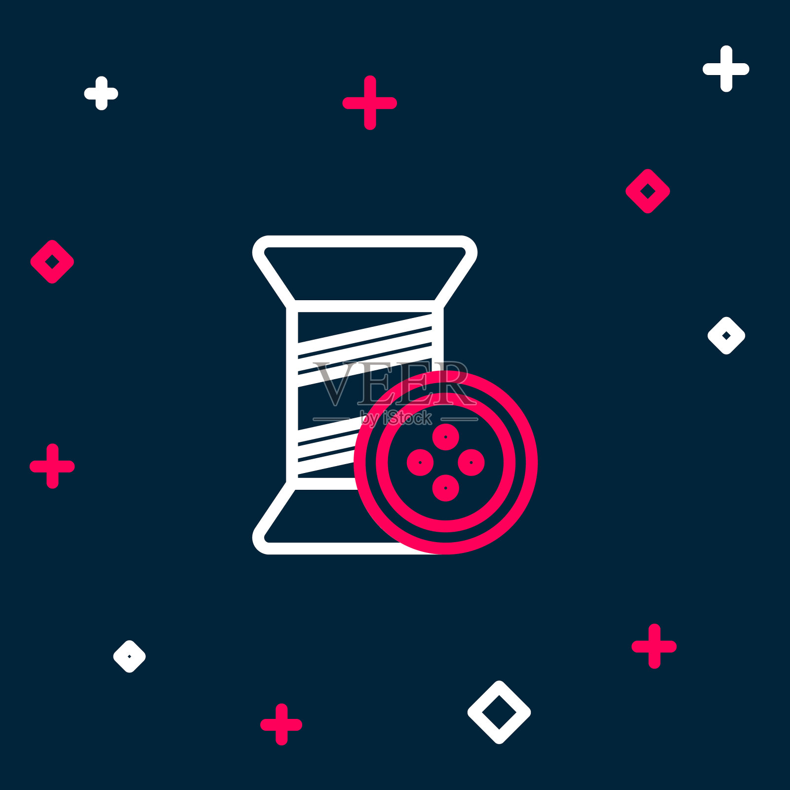 线缝纫线线轴和按钮图标隔离在蓝色背景。纱线轴。线程筒子。色彩缤纷的轮廓概念。向量插画图片素材