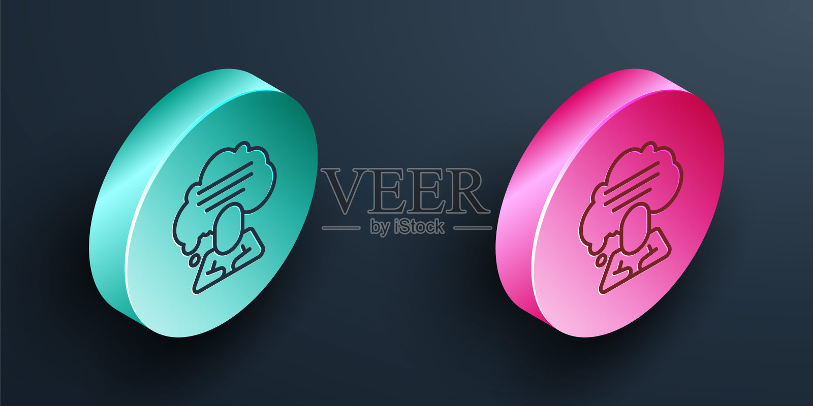 语音气泡聊天图标孤立的黑色背景。消息图标。交流或评论聊天符号。绿松石和粉色圆形按钮。向量插画图片素材