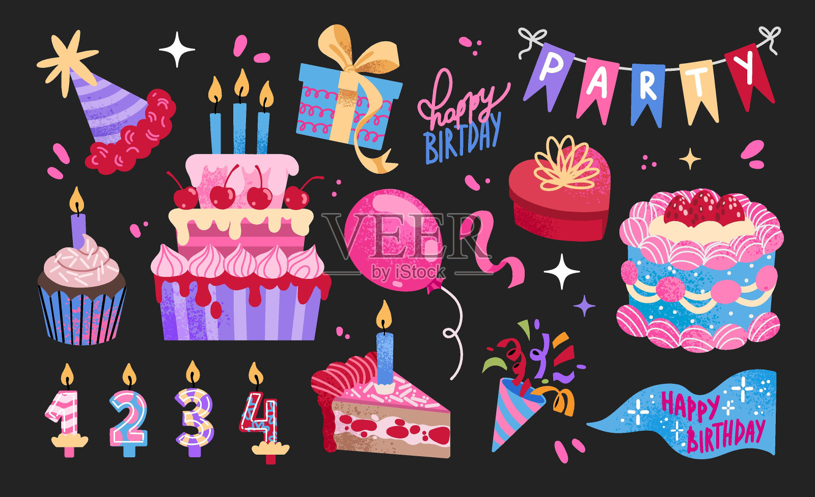 卡通生日贴纸套装。插画图片素材