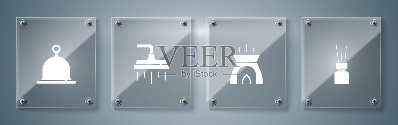 设置香薰器，蜡烛，淋浴头和桑拿帽。方形玻璃板。向量插画图片素材