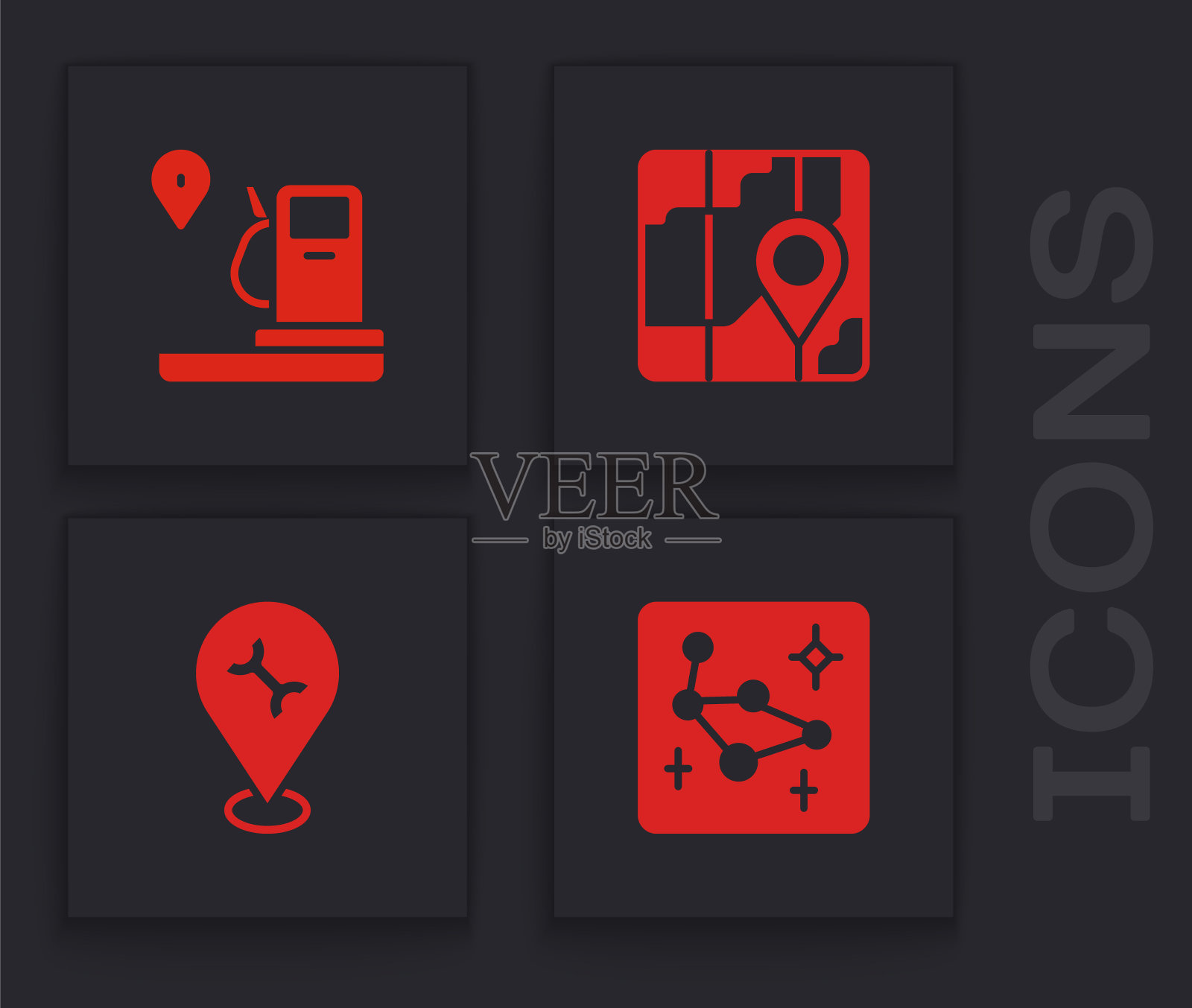 设置大熊星座，位置和加油站，城市地图导航和汽车服务图标。向量插画图片素材