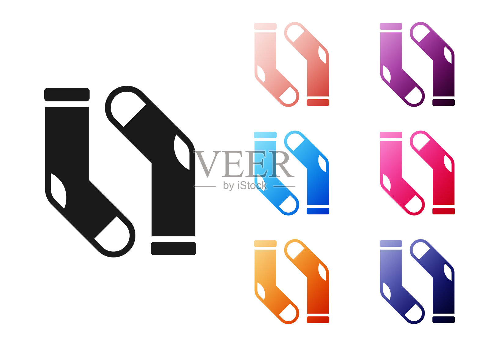 黑色袜子图标孤立在白色背景。设置图标彩色。向量插画图片素材