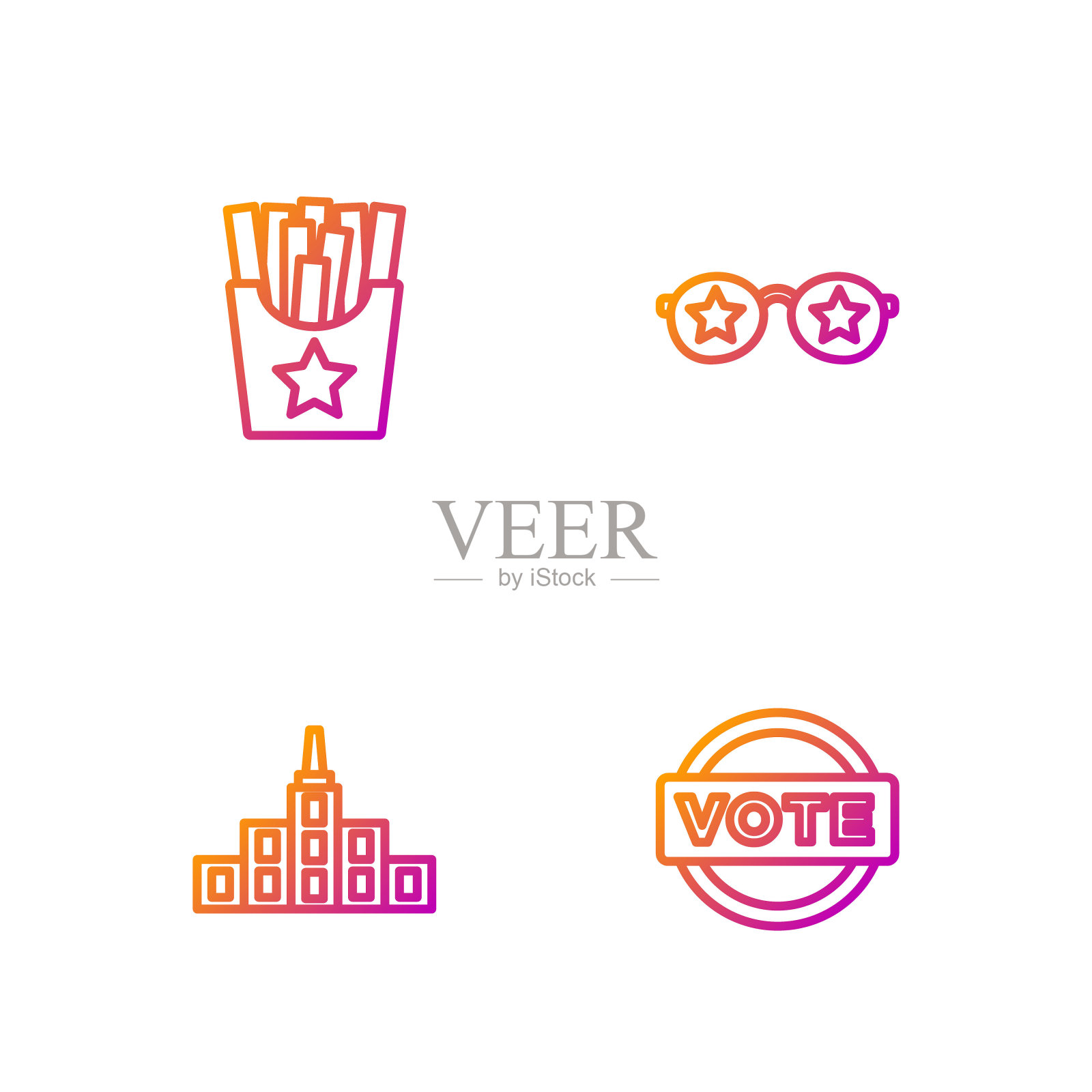 设置线投票，城市景观，盒装土豆薯条和带有星星的眼镜。渐变颜色图标。向量插画图片素材