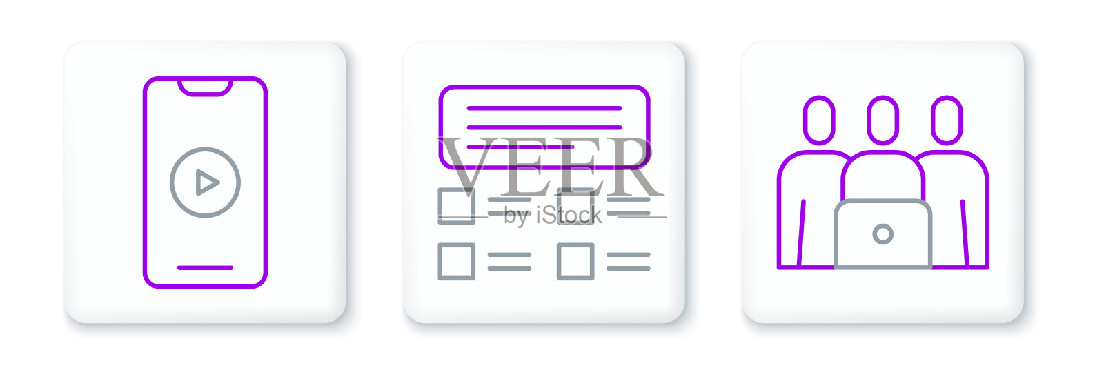 设置在线课堂，播放视频和测验，测试，调查图标。向量插画图片素材