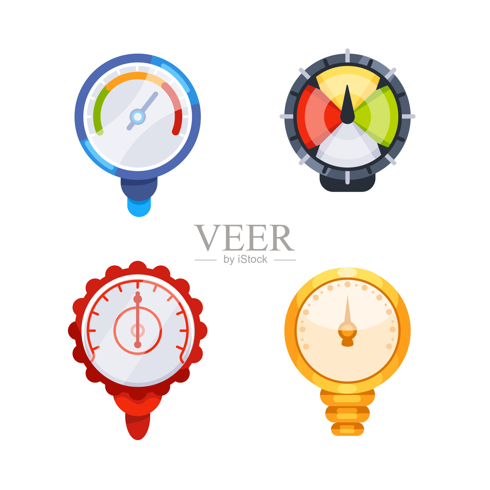 一套彩色圆形压力计，带箭头显示不同的值，用于测量管道或储罐压力的工业装置插画图片素材