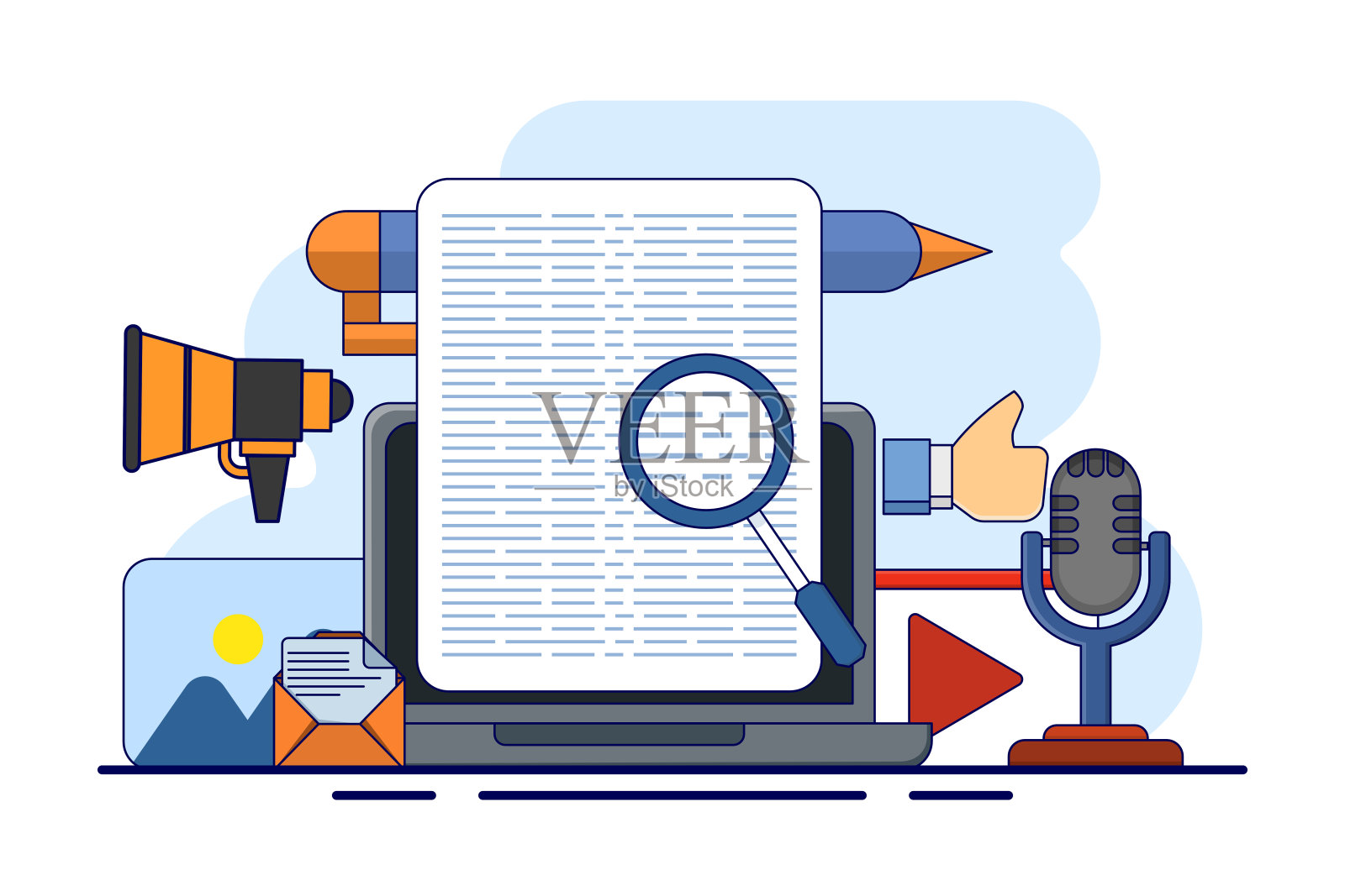 数字内容营销概念，社交媒体营销，内容策略营销，移动应用中的社交媒体广告和促销活动，社交网络中的广告内容。插画图片素材