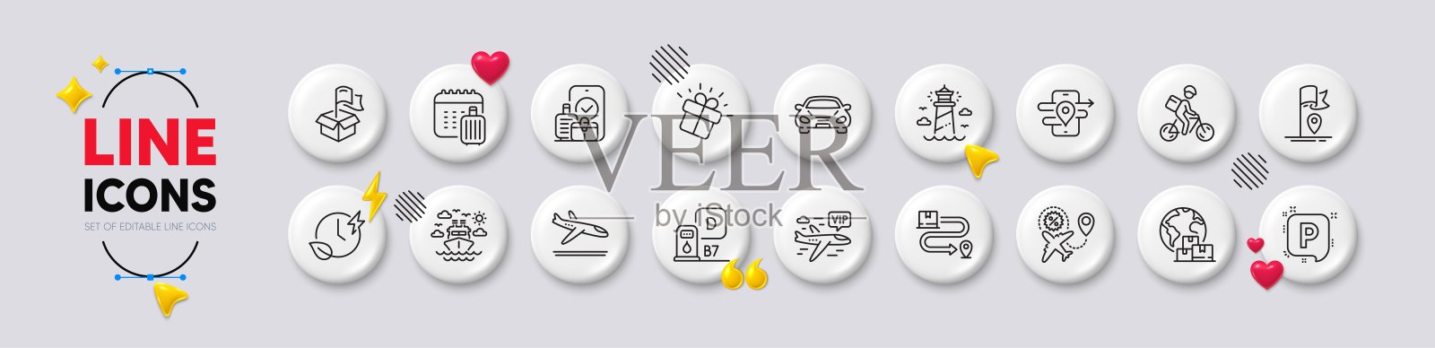 随身行李，Gps和送货服务线路图标。对于web应用程序，打印。白色按钮3d图标。向量插画图片素材