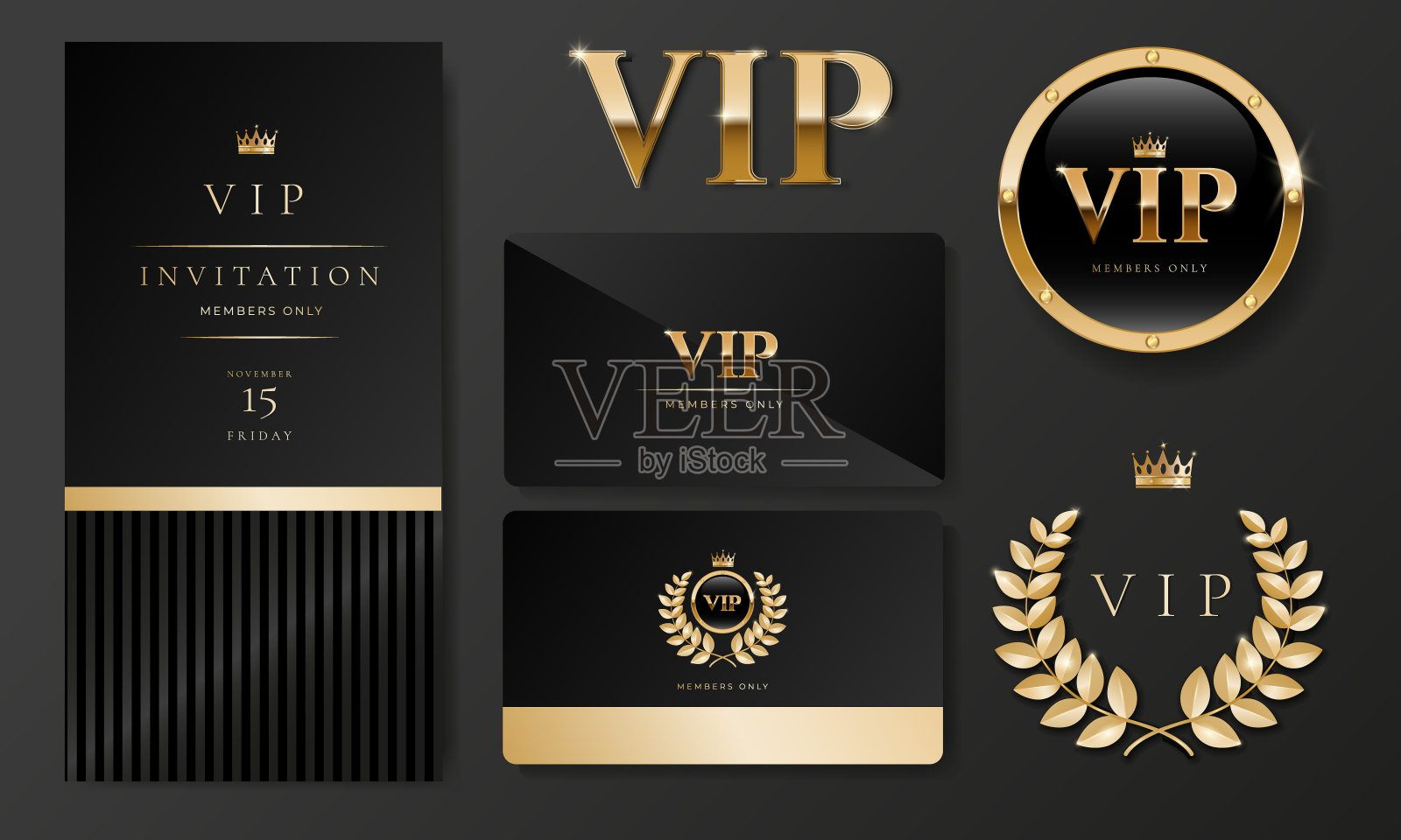 VIP邀请卡，横幅或传单与黑色背景的金色元素。极简奢华的高级设计套装活动邀请，庆祝派对，正式招待会。插画图片素材