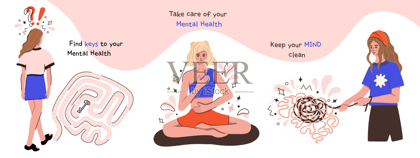 心理健康意识。正念，情感支持，心理学和挫折。向量。插画图片素材