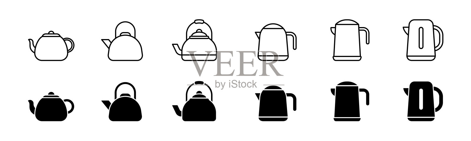水壶图标集。电热水壶的线条和字形。厨房茶壶矢量插画图片素材