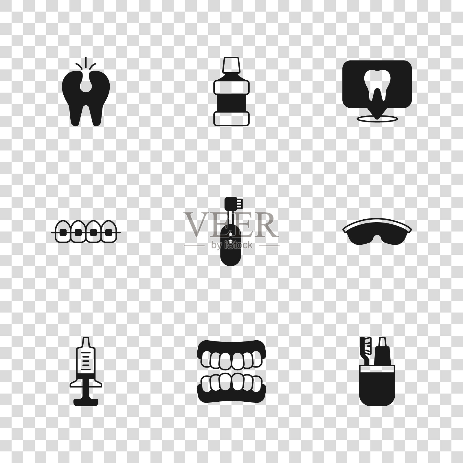 设置假牙模型，安全护目镜眼镜，牙刷和牙膏，电动牙刷，牙科诊所位置，破碎，漱口水和牙齿与牙套图标。向量插画图片素材