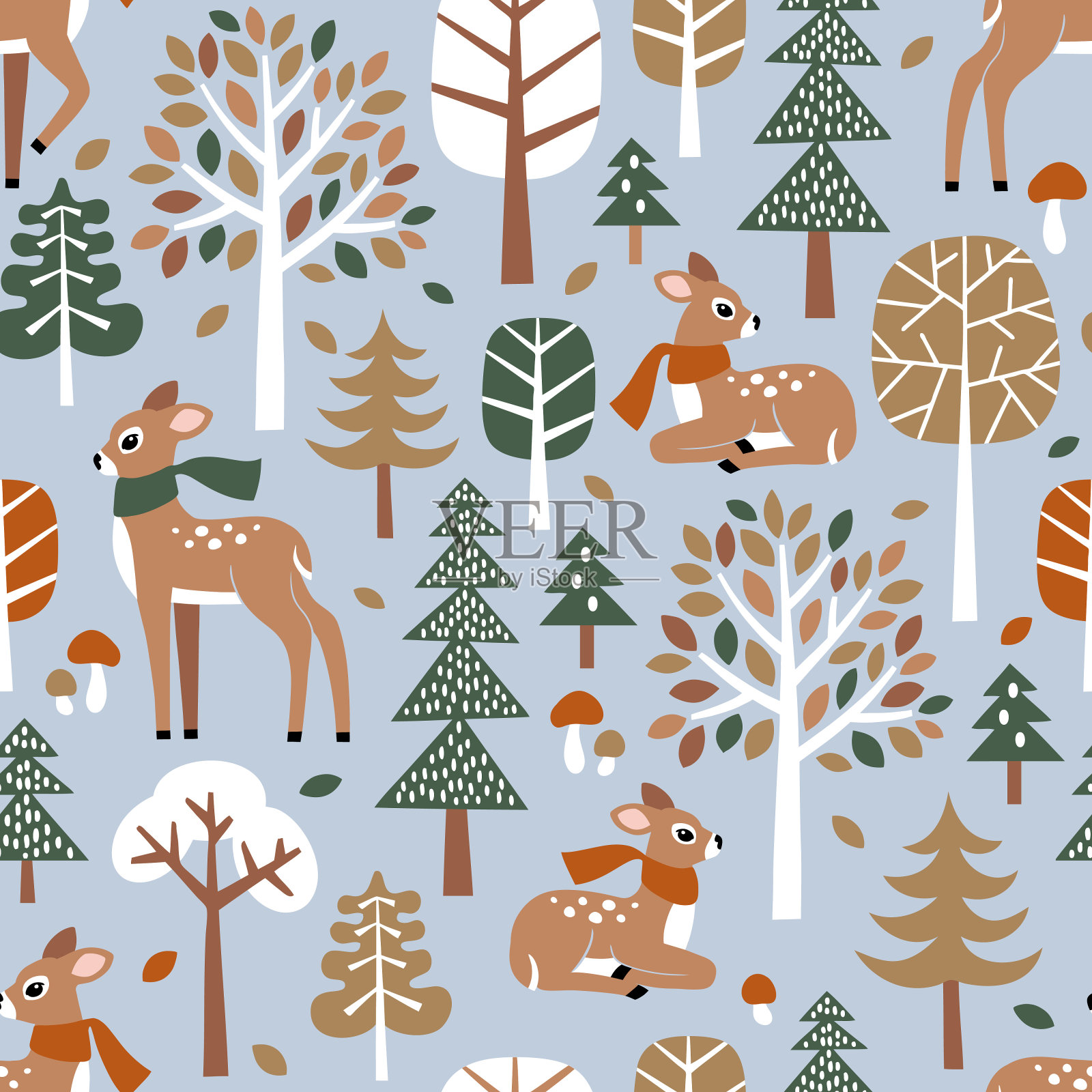 无缝矢量图案与可爱的手绘小鹿，树，蘑菇和树叶。完美的纺织品，墙纸或托儿所印花设计。插画图片素材