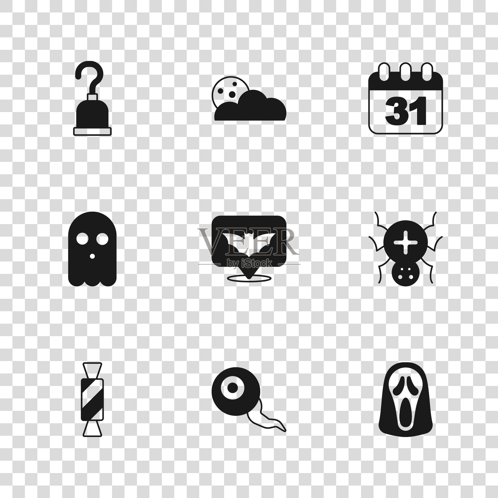 Set Eye, Spider, Funny and scary ghost mask, Flying bat, Halloween date 31 october, Pirate hook, Moon stars and ghost icon。向量插画图片素材