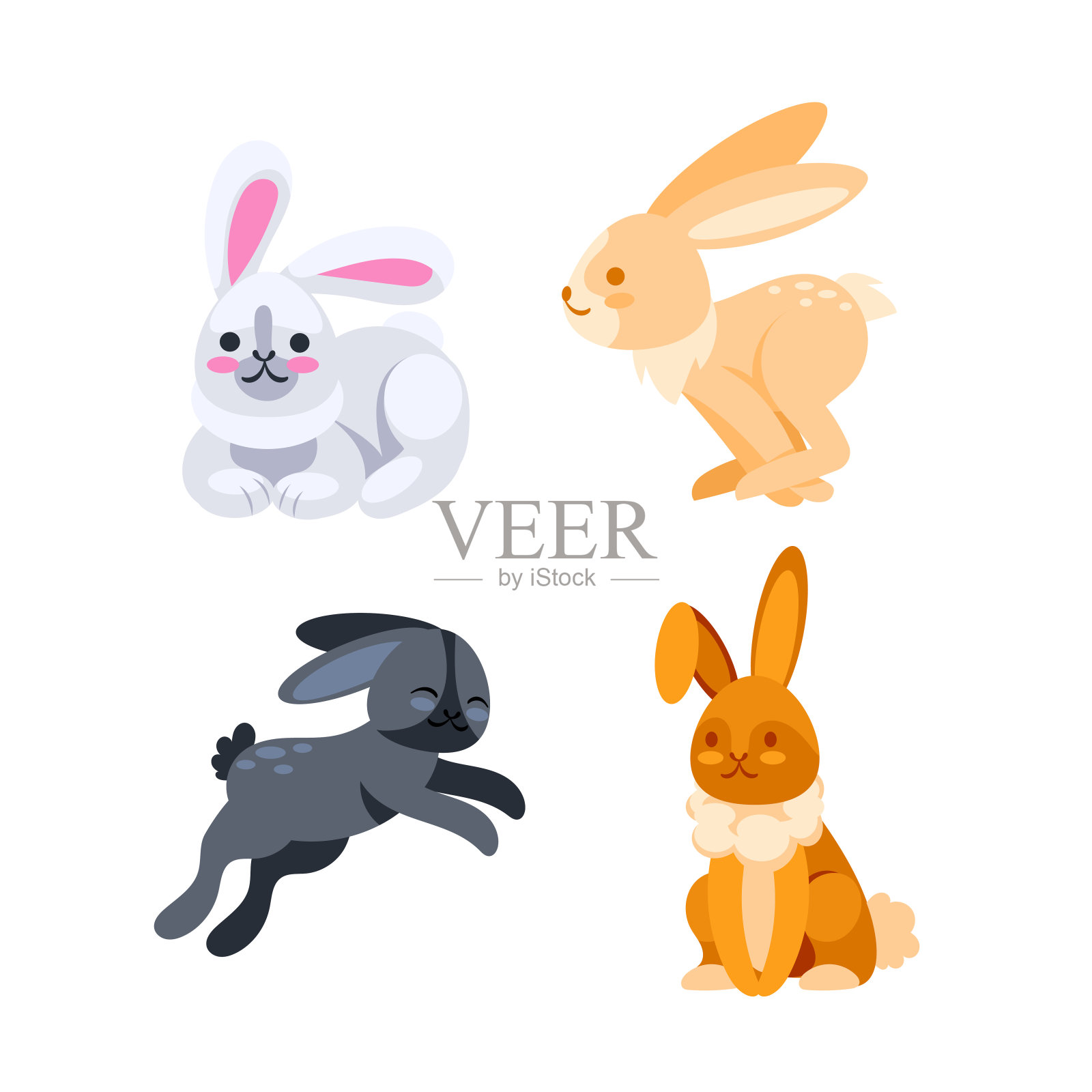 四只可爱的卡通兔子跳跃和放松插画图片素材