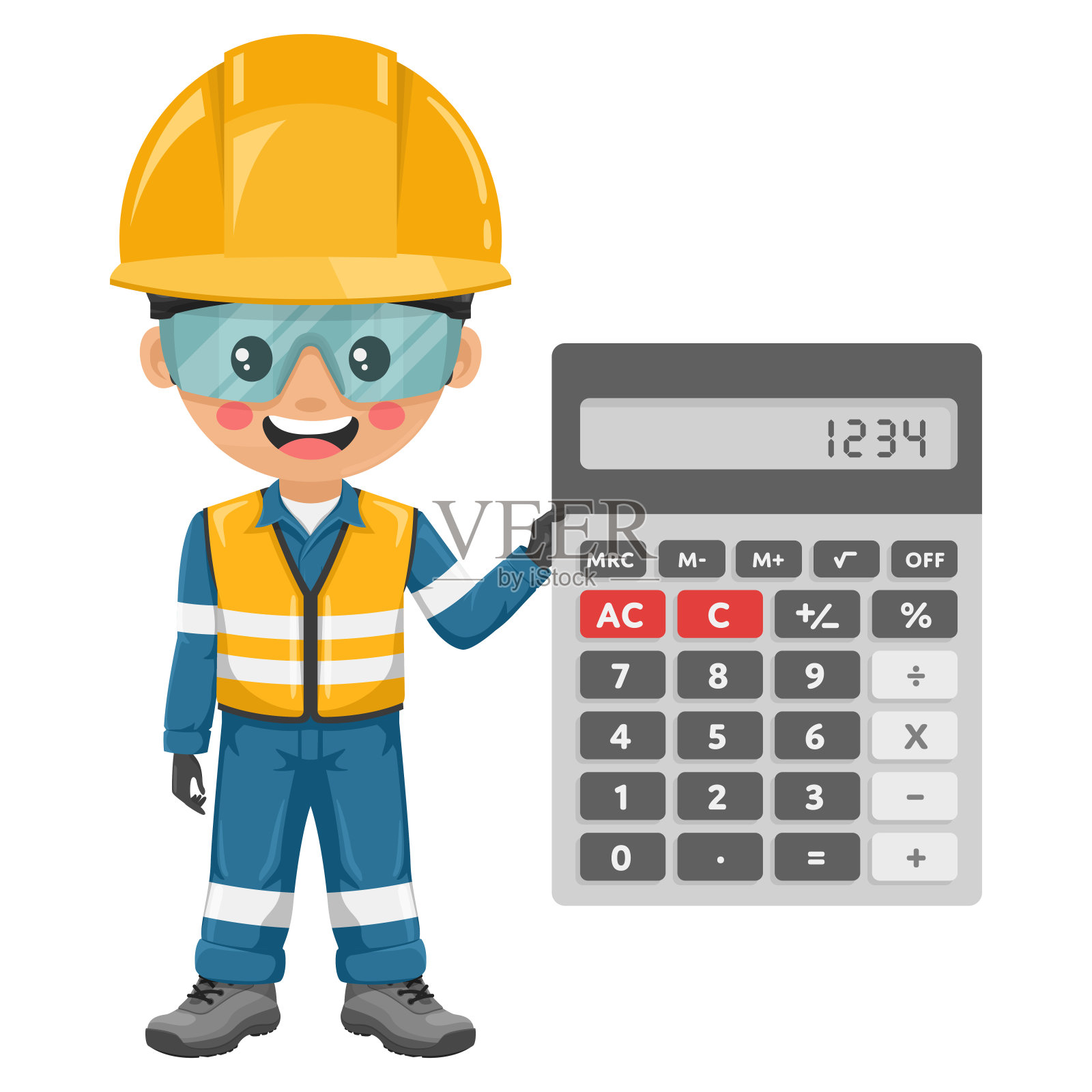 工业工程师，佩戴反光安全背心和头盔，手持计算器进行财务分析、会计核算和预算计算。安全第一。工业安全和工作中的职业健康插画图片素材
