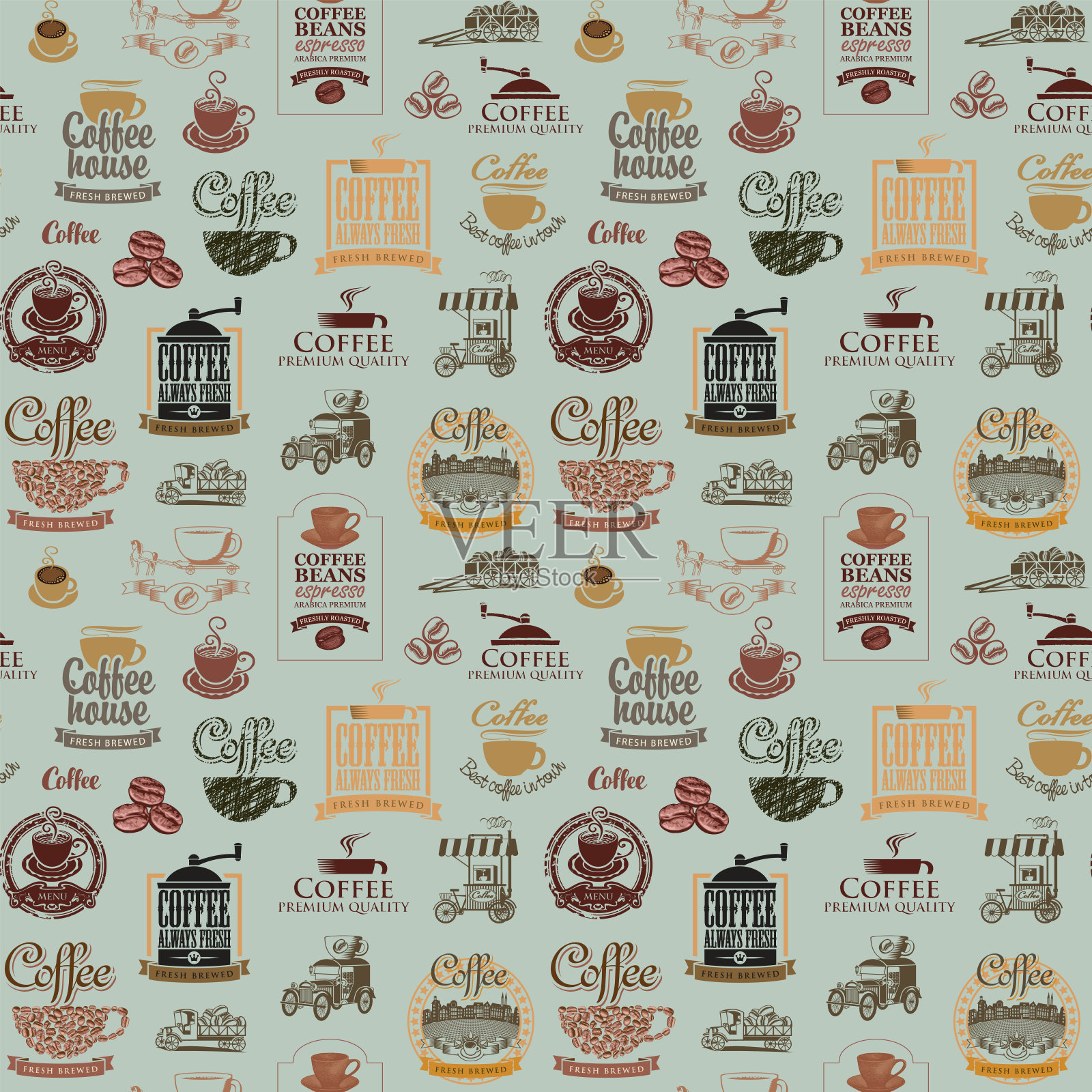 咖啡主题上的无缝图案背景插画图片素材