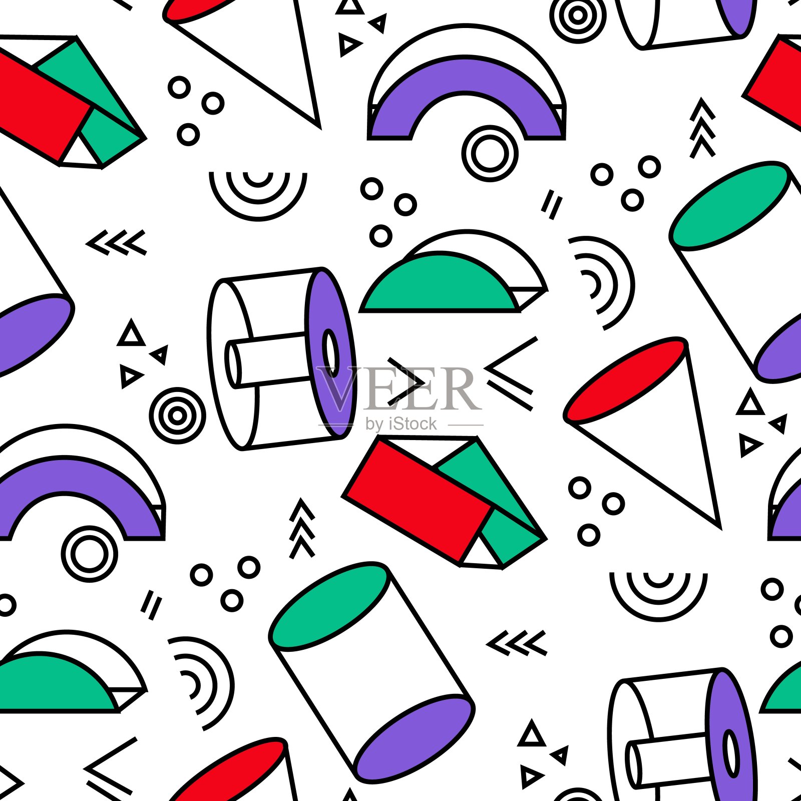 孟菲斯风格元素的图案。通用时尚的多色几何形状和线条结合明亮，大胆的轮廓元素。包装、传单的设计元素。几何形状插画图片素材