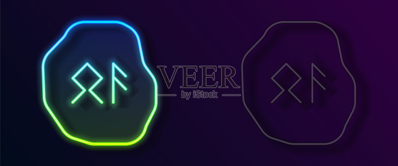 发光的霓虹线魔法符文图标孤立的黑色背景。向量插画图片素材