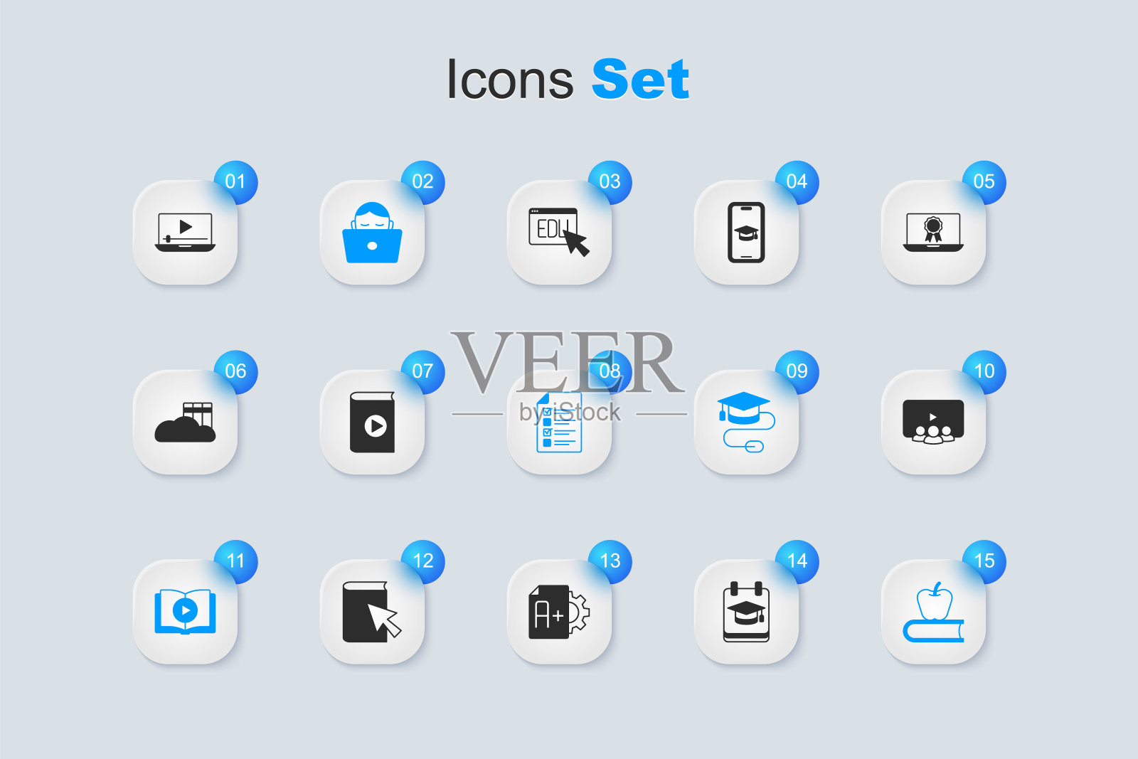 设置在线教育，有声读物，学生工作笔记本电脑，book with apple，类，播放视频和测验，测试，调查图标。向量插画图片素材