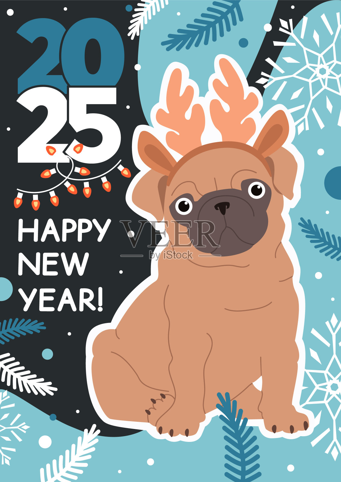 2025年新年快乐海报，有一只可爱的哈巴狗和冬天的元素。矢量平面插图在时尚的颜色。插画图片素材