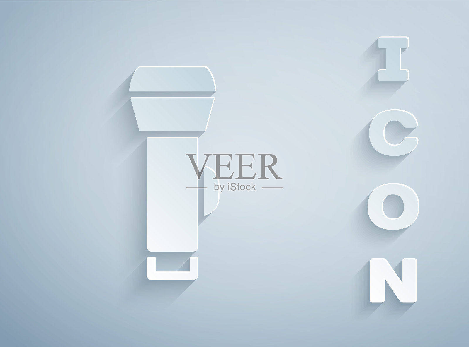 剪纸手电筒图标孤立的灰色背景。纸艺风格。向量插画图片素材