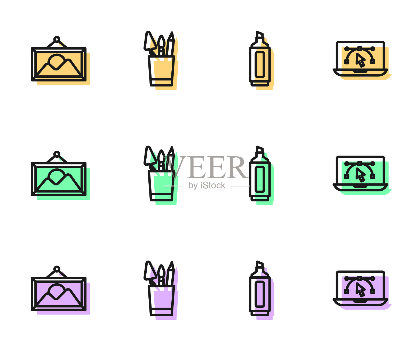 设置线记号笔，图片景观，铅笔盒文具和电脑设计程序图标。向量插画图片素材