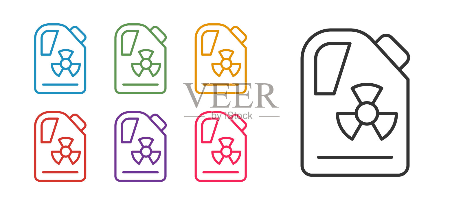 设置线放射性废物桶图标隔离在白色背景。有毒垃圾桶。放射性垃圾排放，污染环境。设置图标彩色。向量插画图片素材