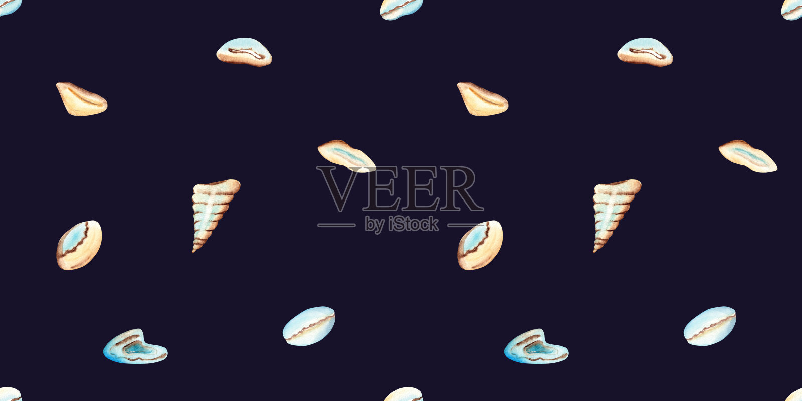海贝水彩画在深蓝色的背景下手绘无缝图案。适用于面料、纺织品、婴儿服装、墙纸、海洋沙滩设计。插画图片素材