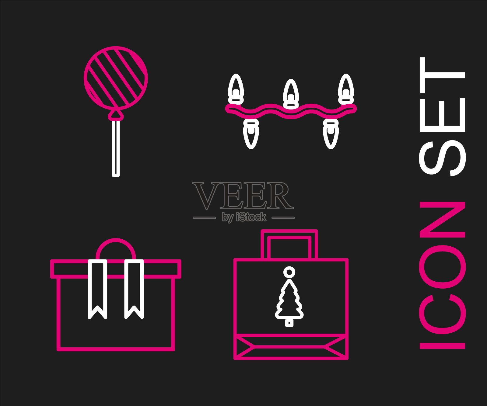 设置线圣诞纸购物袋，礼品盒，灯和棒棒糖图标。向量插画图片素材