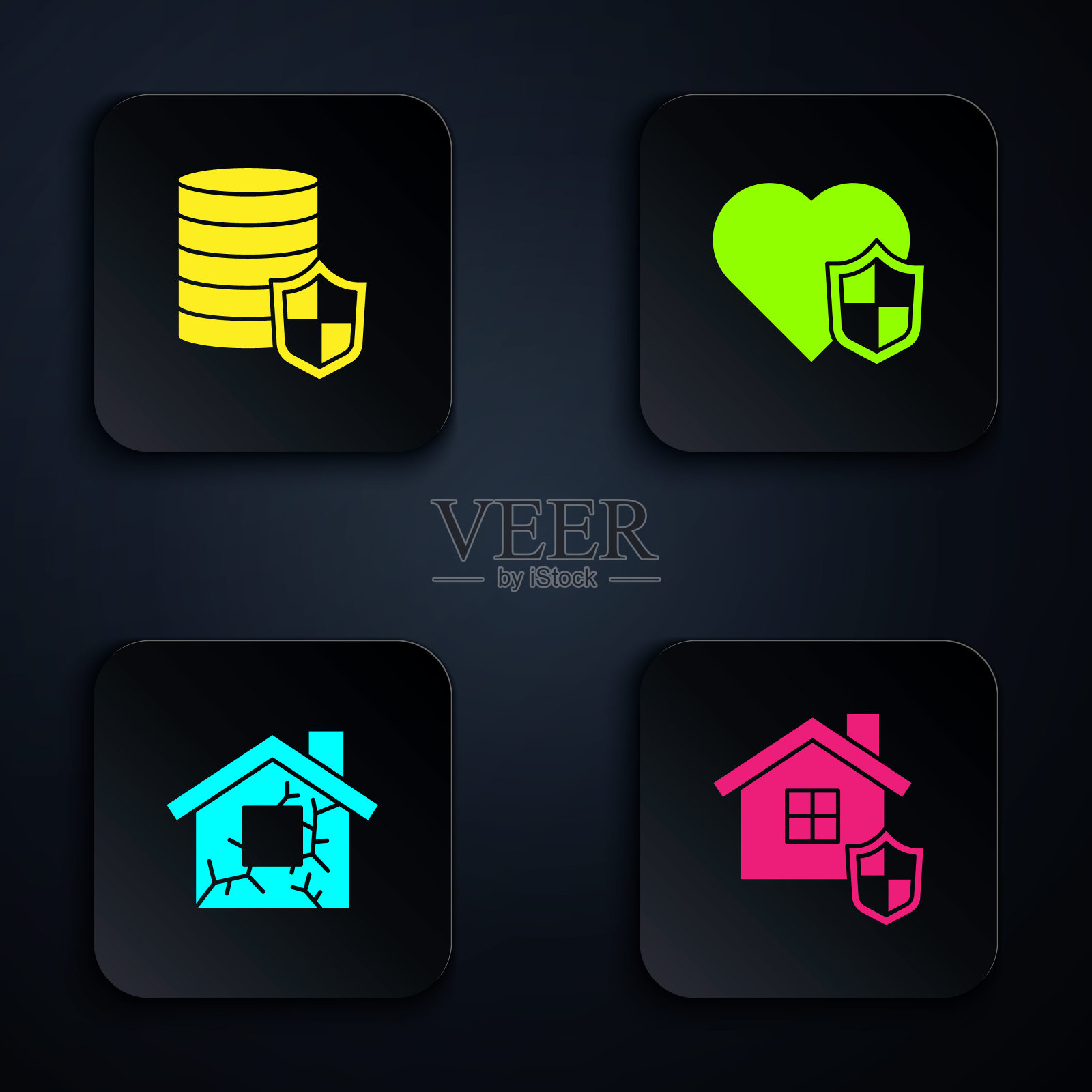 用盾牌，金钱和人寿保险设置房子。黑色方形按钮。向量插画图片素材