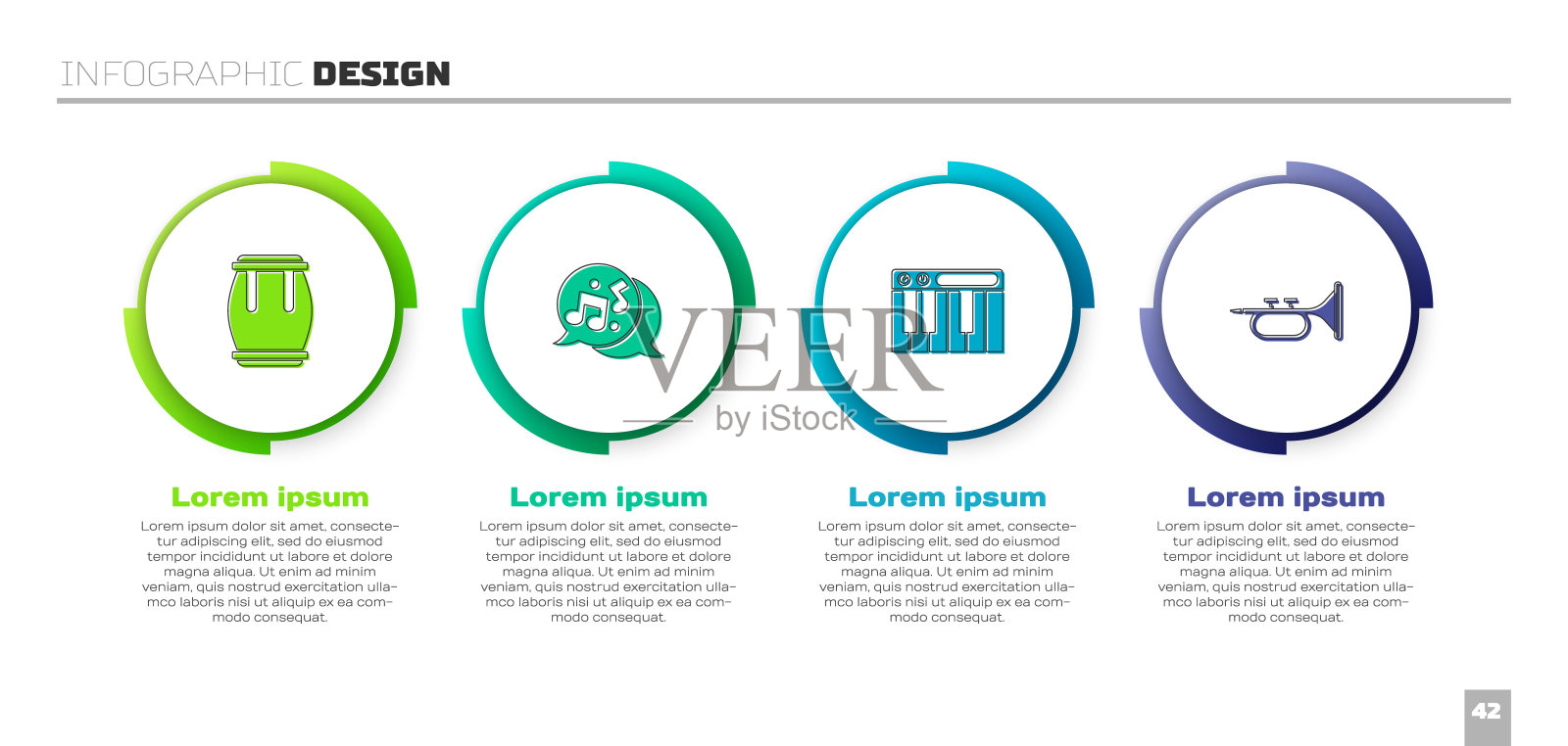 集鼓，音符，音调，合成器和小号。业务信息图表模板。向量插画图片素材