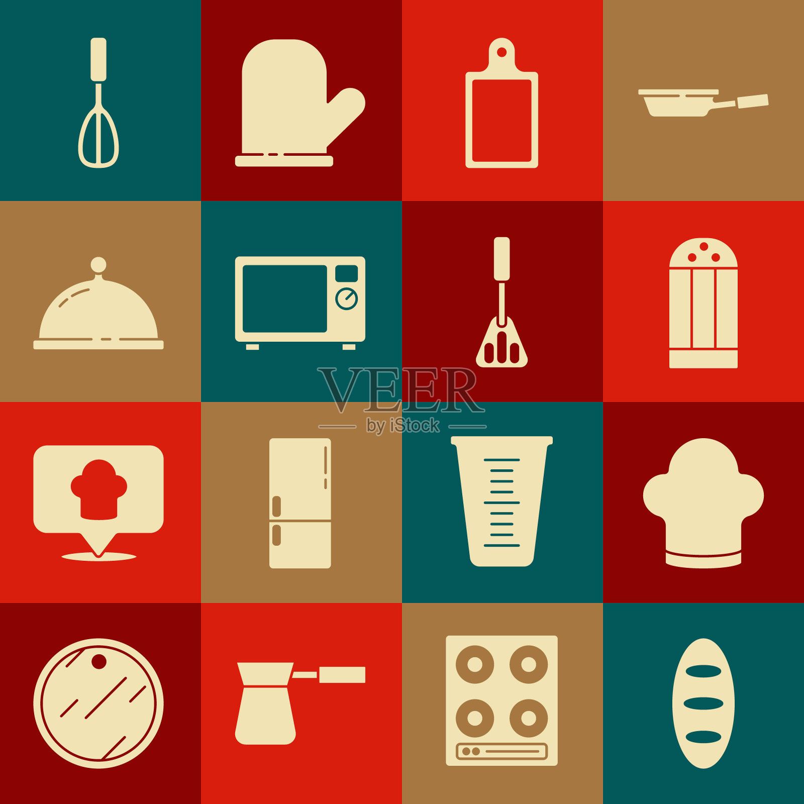 集面包，厨师帽，盐，砧板，微波炉，覆盖着食物托盘，厨房搅拌器和抹刀图标。向量插画图片素材