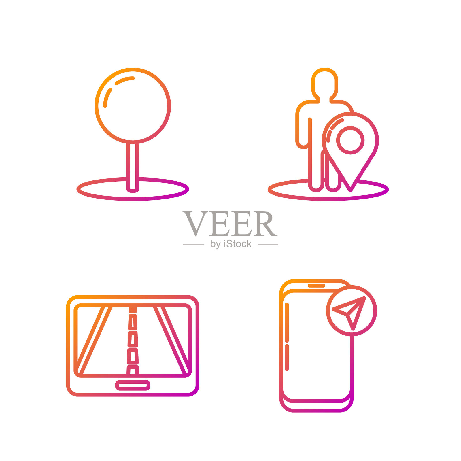 设置线路城市地图导航信息图、城市地图导航信息图、图钉和带有人物剪影的地图标记。渐变颜色图标。向量插画图片素材