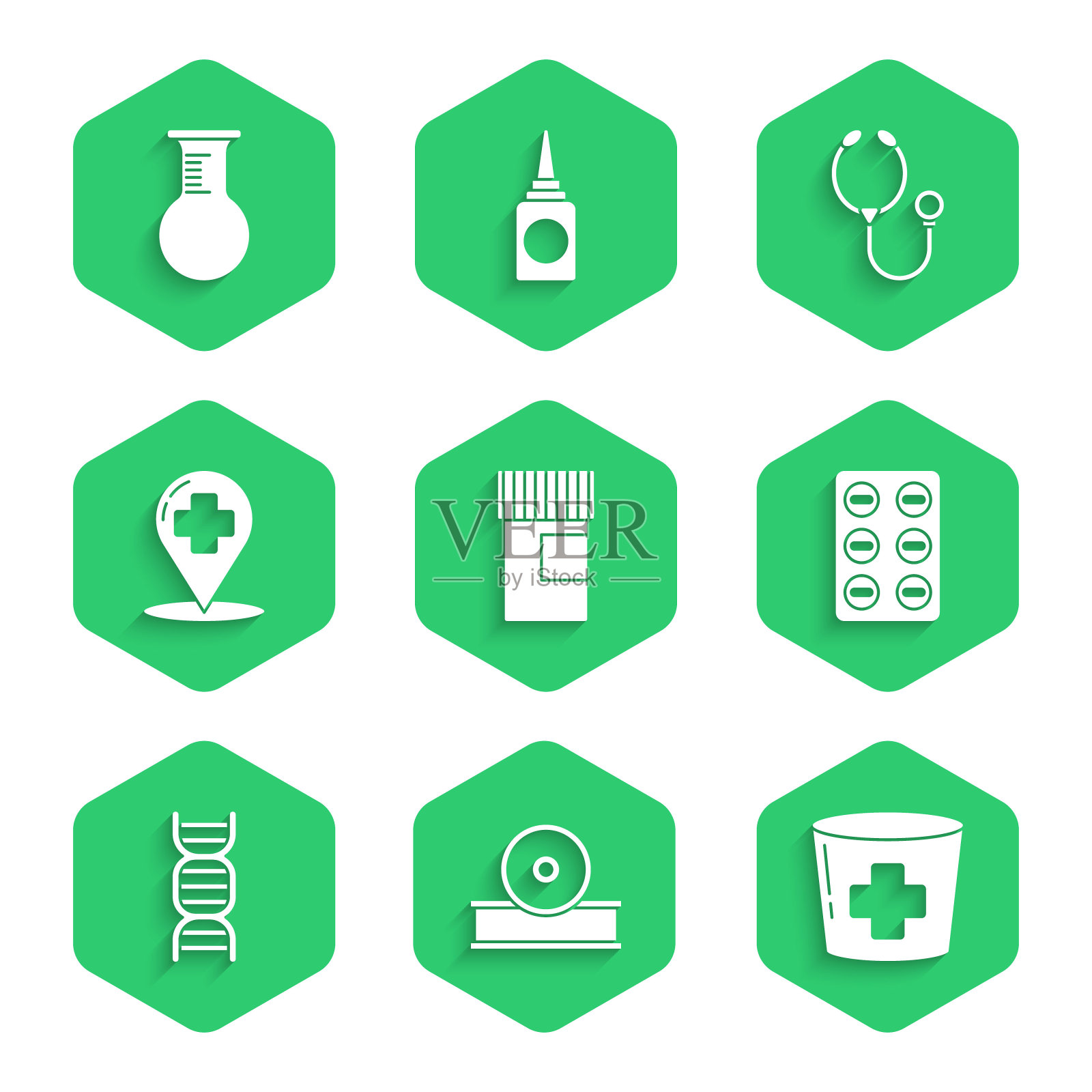设置药瓶，耳鼻喉头反射器，护士帽与十字，药丸泡罩包装，DNA符号，地图指针医院，听诊器和试管和烧瓶图标。向量插画图片素材