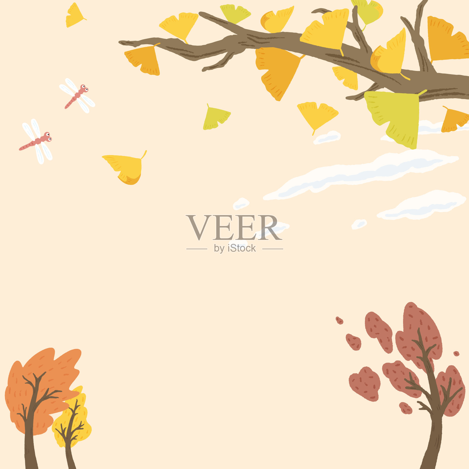 秋天的风景，背景框架的银杏叶在风中飘落，可爱的手绘插图插画图片素材