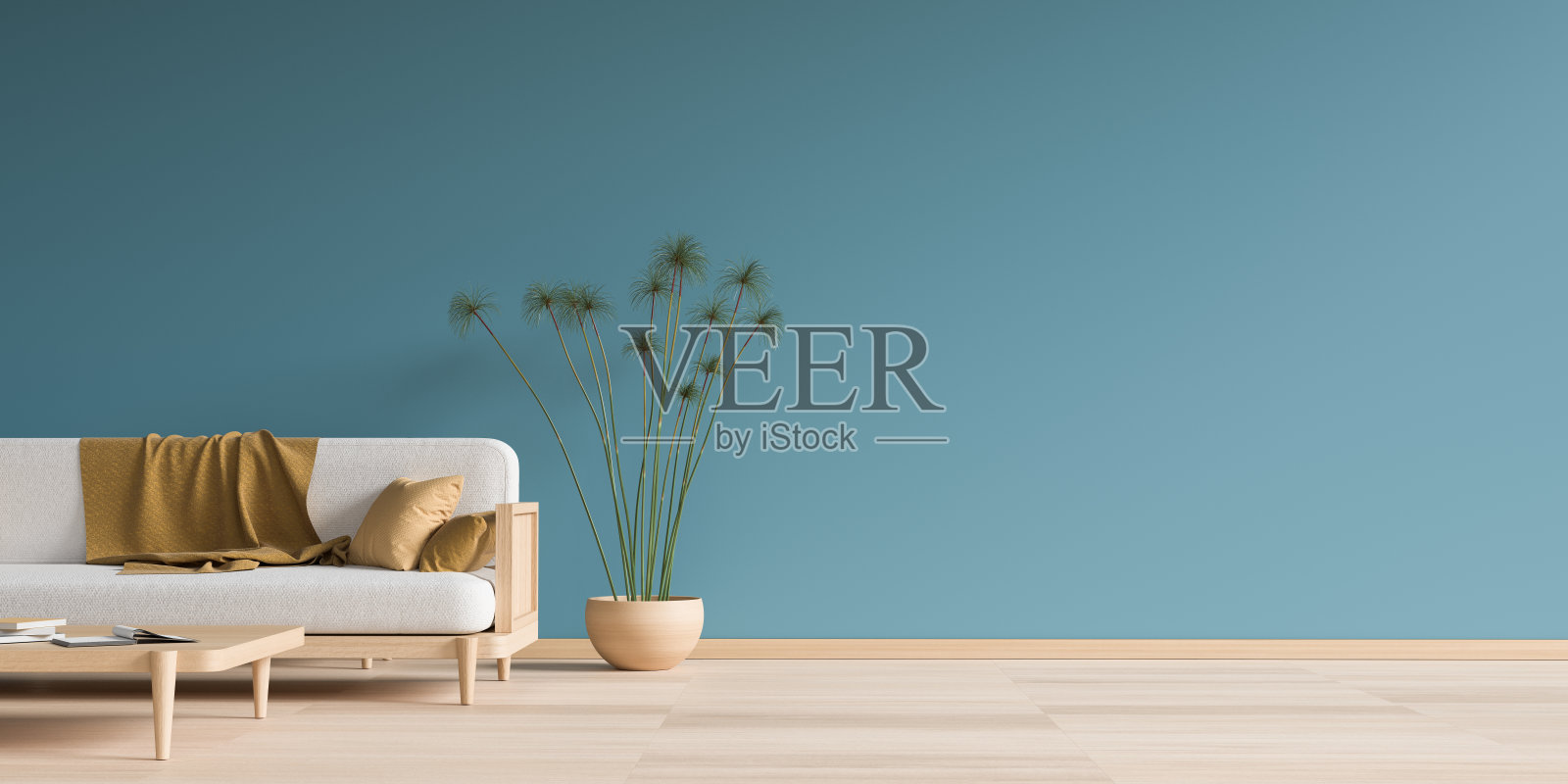 极简主义的客厅，配有木制家具。时尚的客厅设计。空墙模型。三维演示照片摄影图片