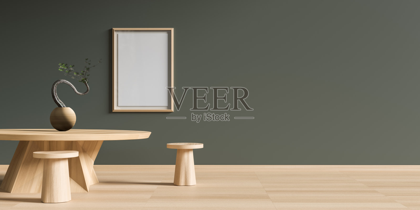 极简主义的客厅，配有木制家具。时尚的客厅设计。空墙模型。三维演示照片摄影图片