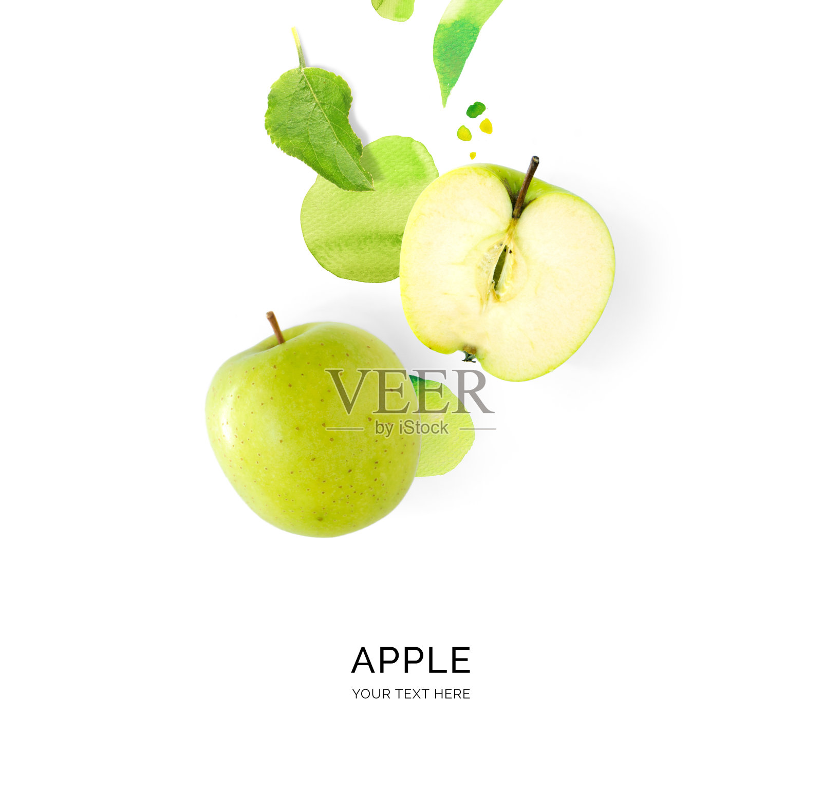 创意布局由绿色的苹果与水彩点在白色的背景。平的。食品的概念。照片摄影图片