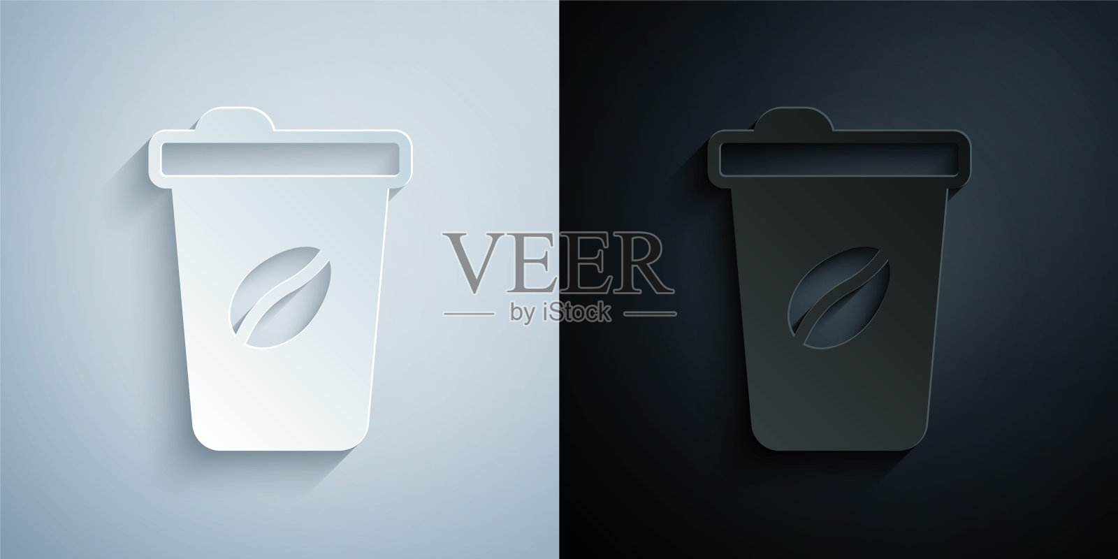 剪纸咖啡杯去图标隔离在灰色和黑色的背景。纸艺风格。向量插画图片素材