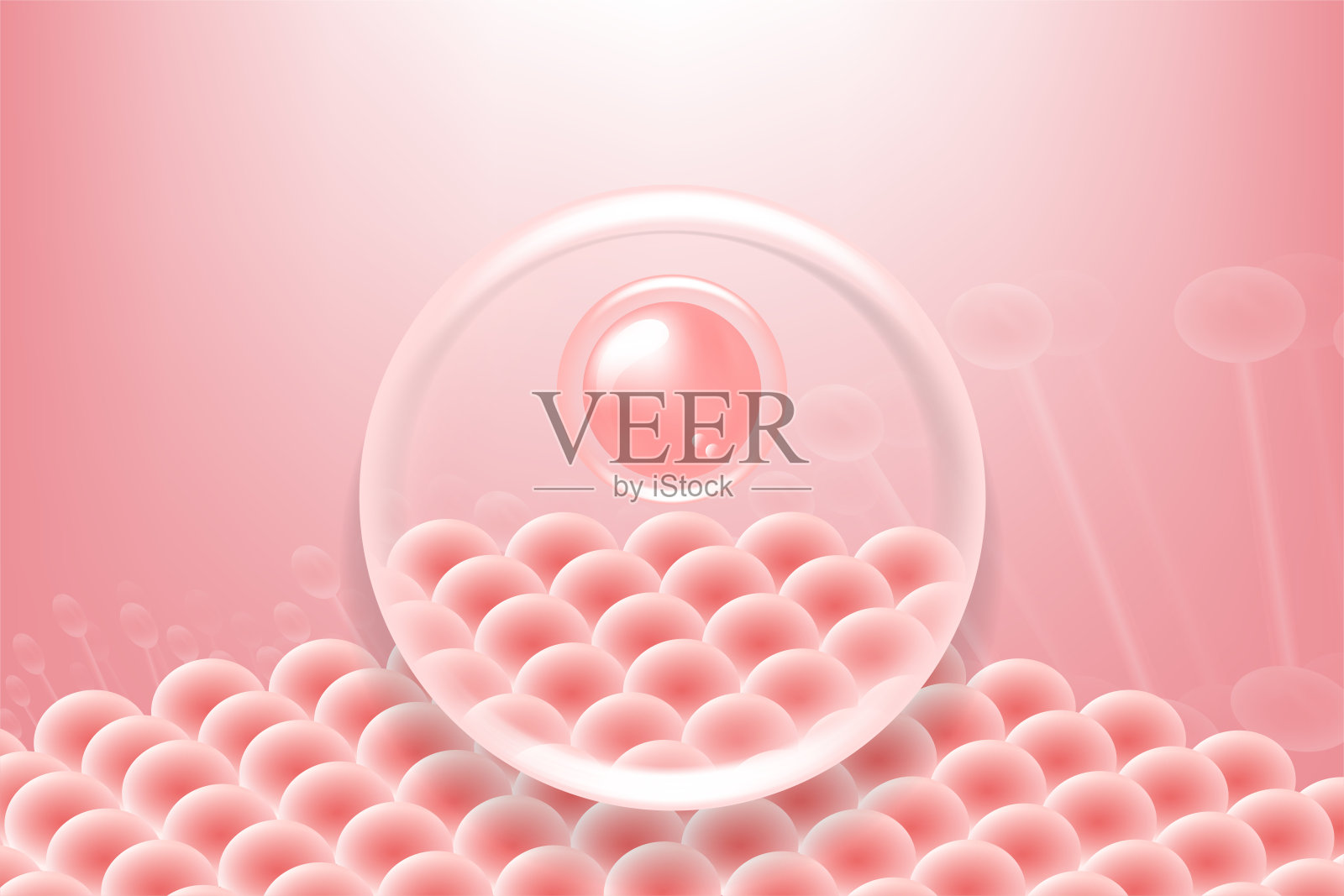 透明质酸和烟酰胺护肤液。粉红色胶原蛋白血清滴入皮肤细胞与化妆品广告背景准备使用，插图矢量。插画图片素材