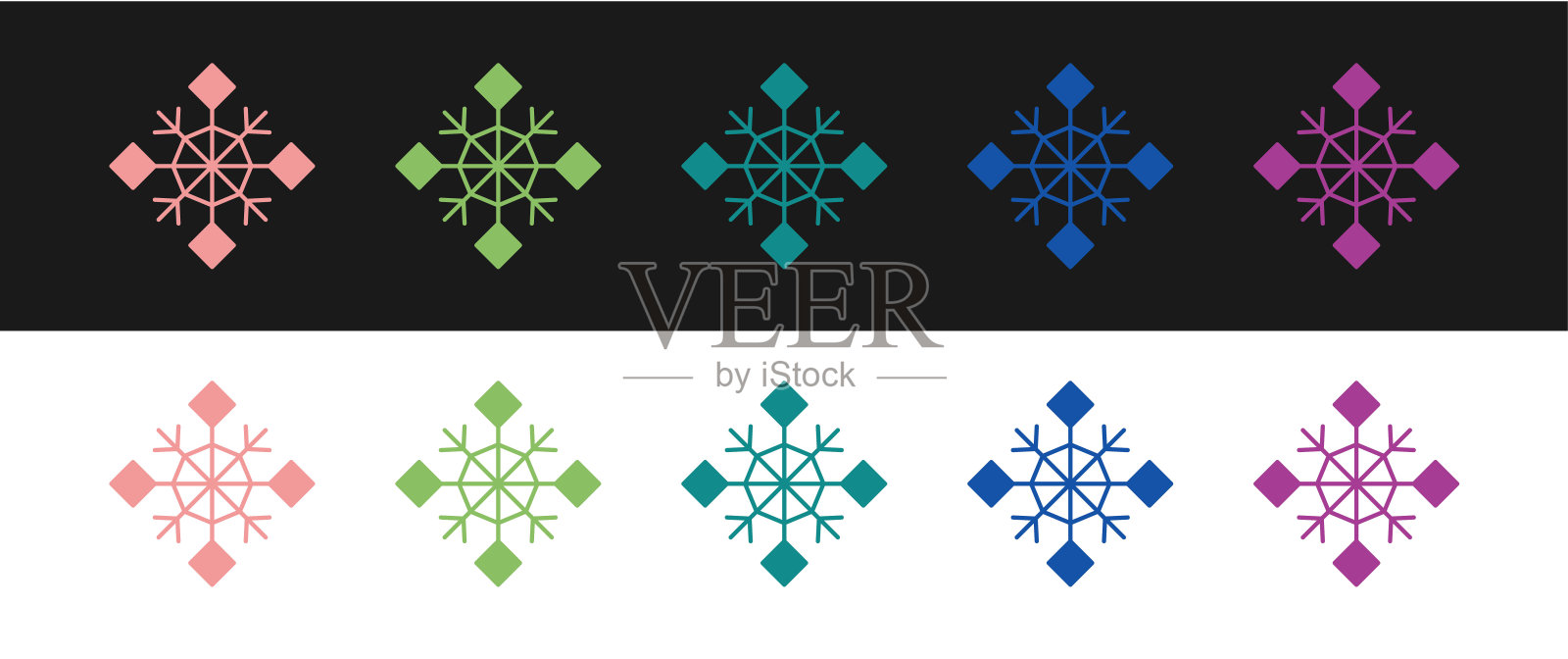 设置雪花图标孤立的黑色和白色的背景。圣诞快乐，新年快乐。向量插画图片素材