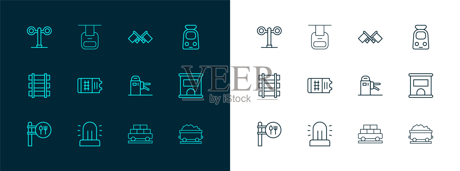 集线火车和铁路，闪光警报器，旋转门，货运火车车厢，票，旗，交通灯和缆车图标。向量插画图片素材